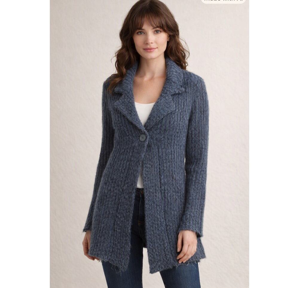 Marisa Christina Alpaca Wool Mohair Blend Ribbed Cardigan Blue Ornate Button